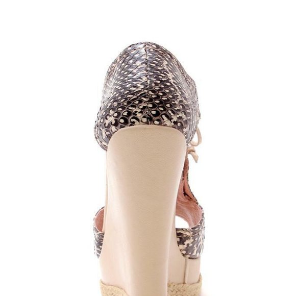 Plomo Esther Wedge Light Peach Snake Snakeskin T-Strap Cut-out lace up Sandal - Picture 3 of 6